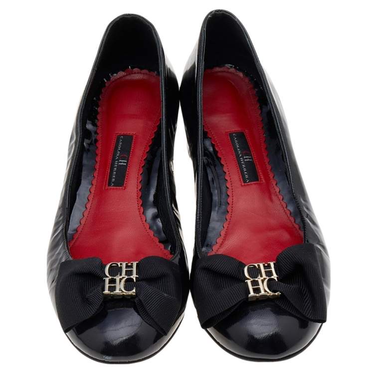 Pre Owned CH Carolina Herrera Black Patent Leather Bow Pumps Size 40