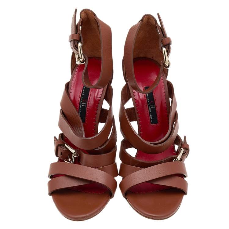 Pre Owned CH Carolina Herrera Brown Leather Ankle Cuff Strappy Sandals Size 37