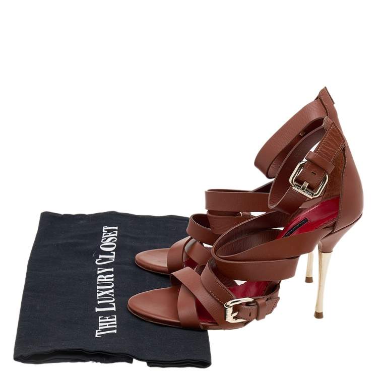 Pre Owned CH Carolina Herrera Brown Leather Ankle Cuff Strappy Sandals Size 37