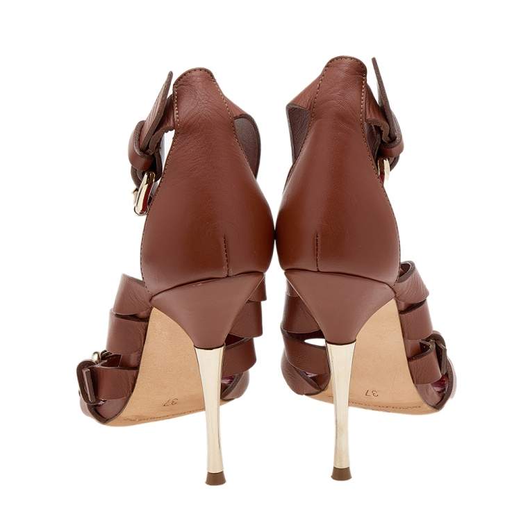 Pre Owned CH Carolina Herrera Brown Leather Ankle Cuff Strappy Sandals Size 37
