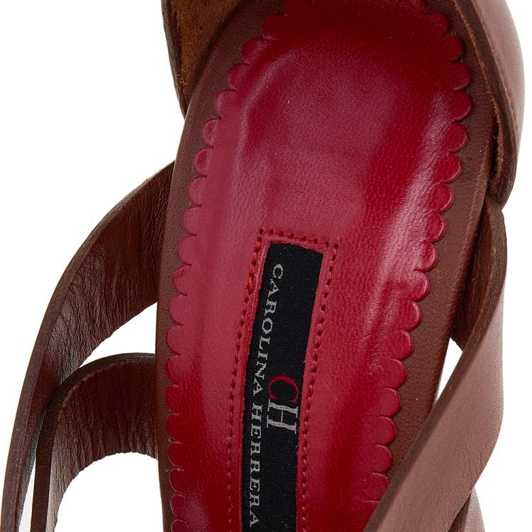 Pre Owned CH Carolina Herrera Brown Leather Ankle Cuff Strappy Sandals Size 37