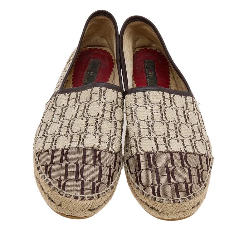 Pre Owned CH Carolina Herrera Beige/Brown Monogram Canvas Espadrille Flats Size 39