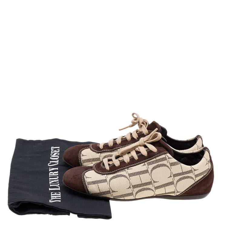 Pre Owned CH Carolina Herrera Brown/Beige Suede And Monogram Canvas Low Top Sneakers Size 38