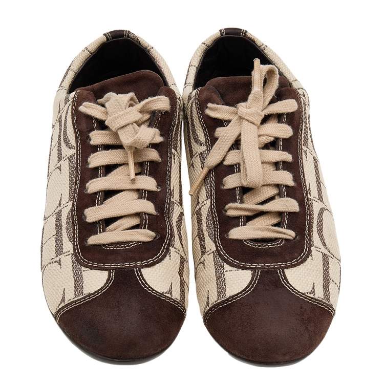 Pre Owned CH Carolina Herrera Brown/Beige Suede And Monogram Canvas Low Top Sneakers Size 38
