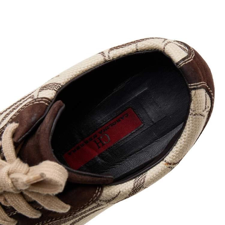 Pre Owned CH Carolina Herrera Brown/Beige Suede And Monogram Canvas Low Top Sneakers Size 38
