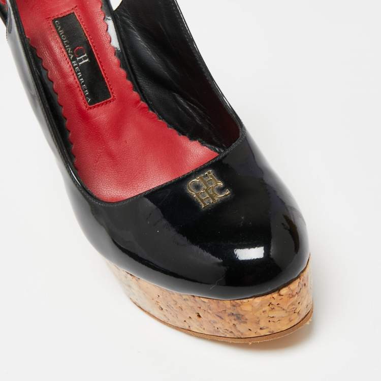 Pre Owned CH Carolina Herrera Black Patent Leather Cork Platform Wedge Slingback Sandals Size 38