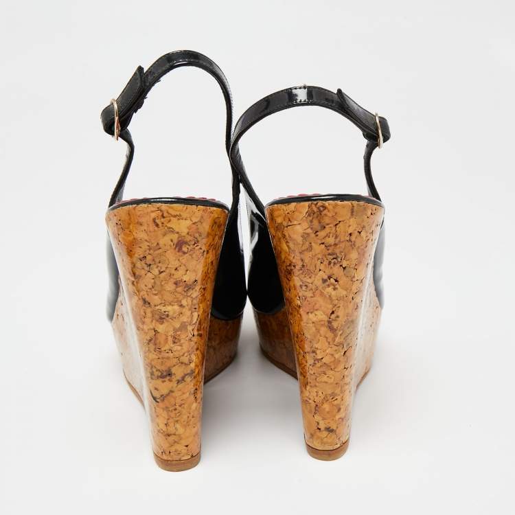 Pre Owned CH Carolina Herrera Black Patent Leather Cork Platform Wedge Slingback Sandals Size 38
