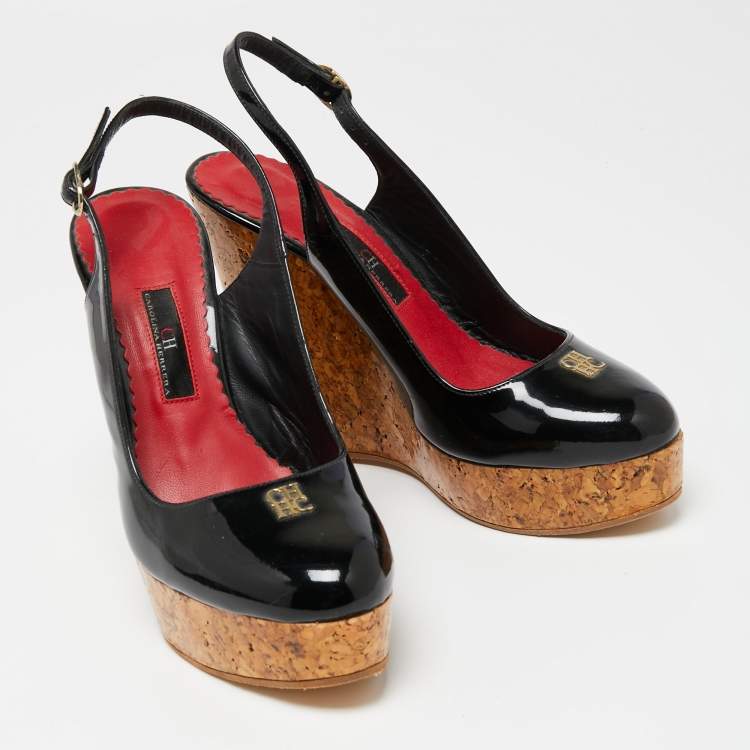 Pre Owned CH Carolina Herrera Black Patent Leather Cork Platform Wedge Slingback Sandals Size 38
