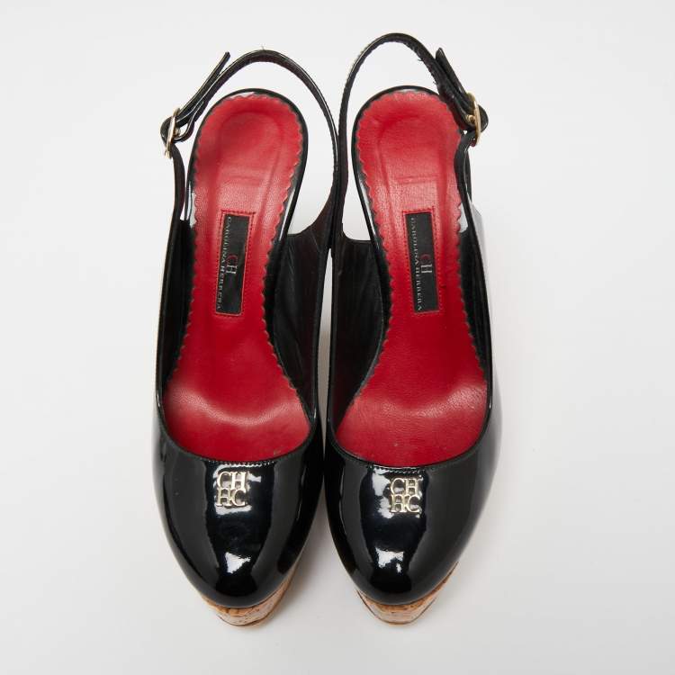 Pre Owned CH Carolina Herrera Black Patent Leather Cork Platform Wedge Slingback Sandals Size 38