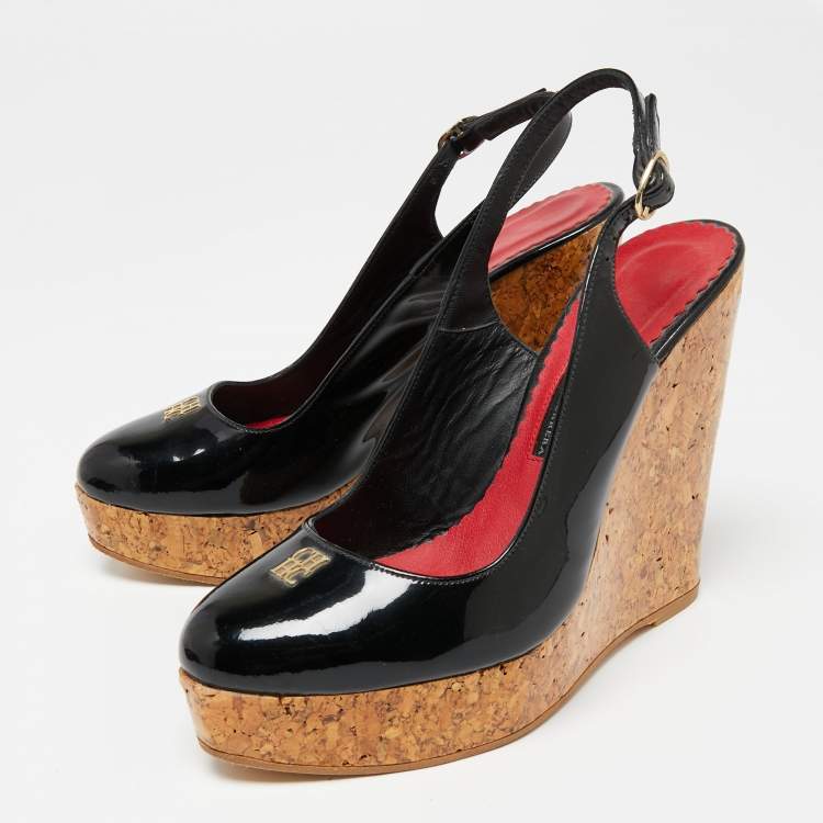 Pre Owned CH Carolina Herrera Black Patent Leather Cork Platform Wedge Slingback Sandals Size 38