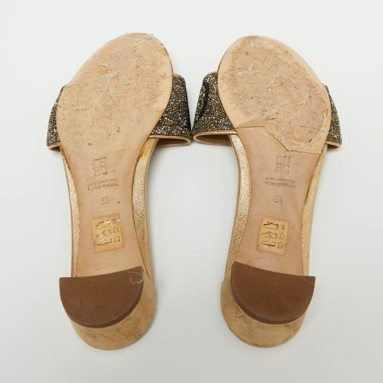 Pre Owned CH Carolina Herrera Gold/Red Leather and Crystals Embellished Slides Sandals Size 39