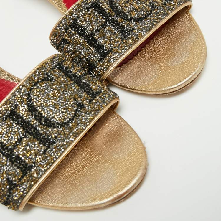 Pre Owned CH Carolina Herrera Gold/Red Leather and Crystals Embellished Slides Sandals Size 39