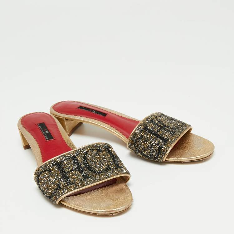Pre Owned CH Carolina Herrera Gold/Red Leather and Crystals Embellished Slides Sandals Size 39