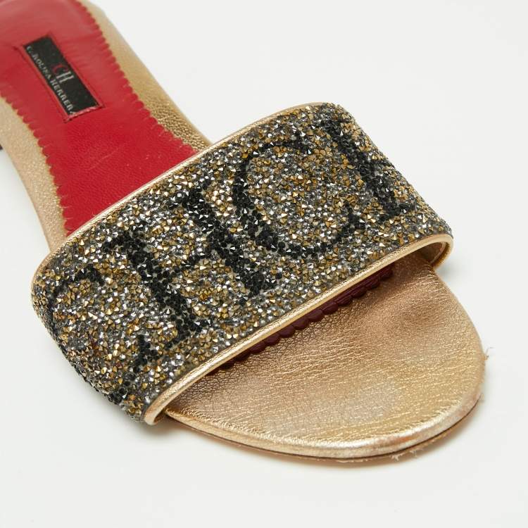 Pre Owned CH Carolina Herrera Gold/Red Leather and Crystals Embellished Slides Sandals Size 39