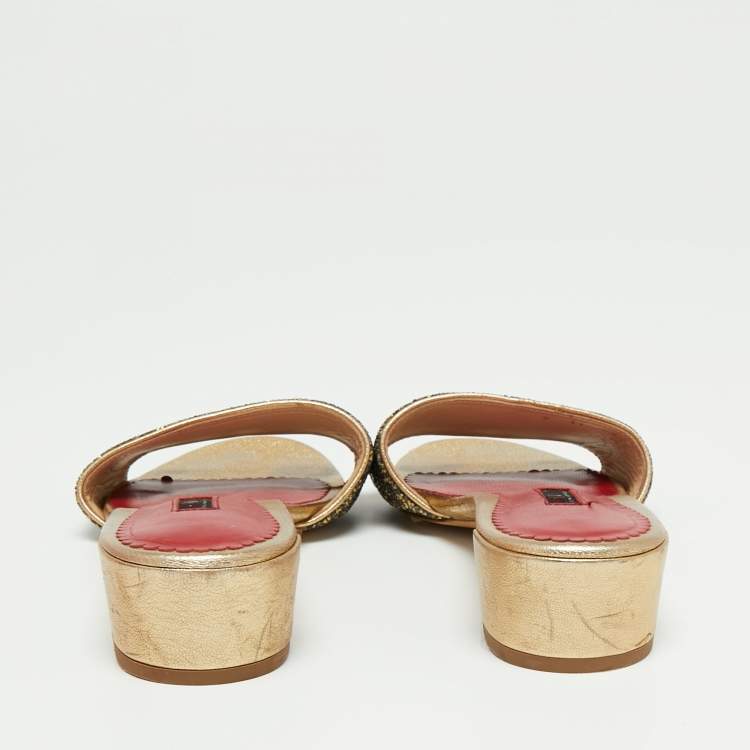 Pre Owned CH Carolina Herrera Gold/Red Leather and Crystals Embellished Slides Sandals Size 39