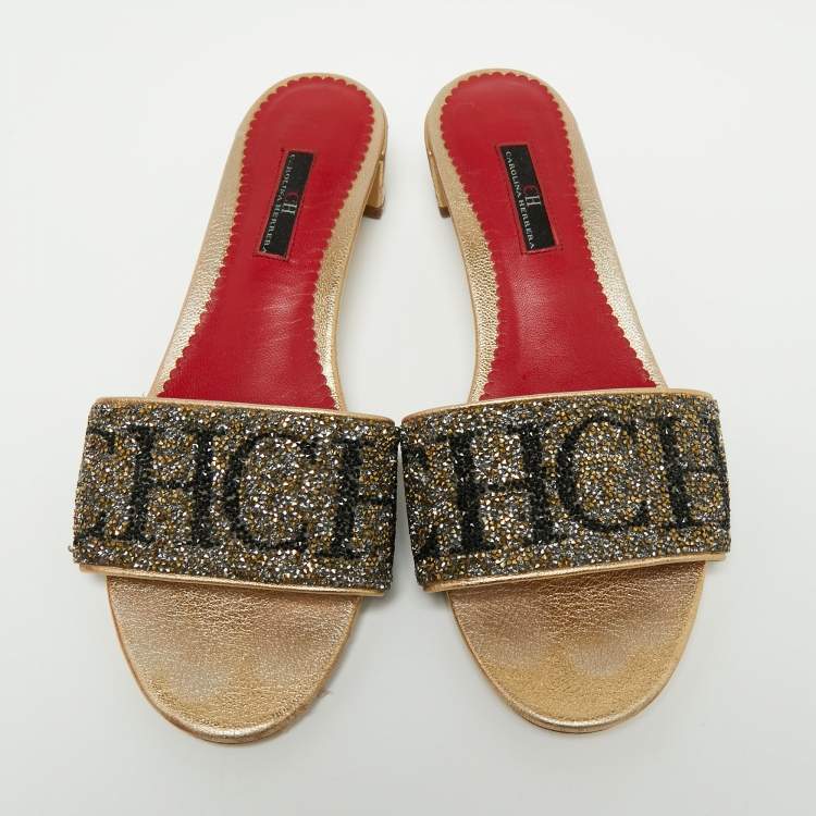 Pre Owned CH Carolina Herrera Gold/Red Leather and Crystals Embellished Slides Sandals Size 39