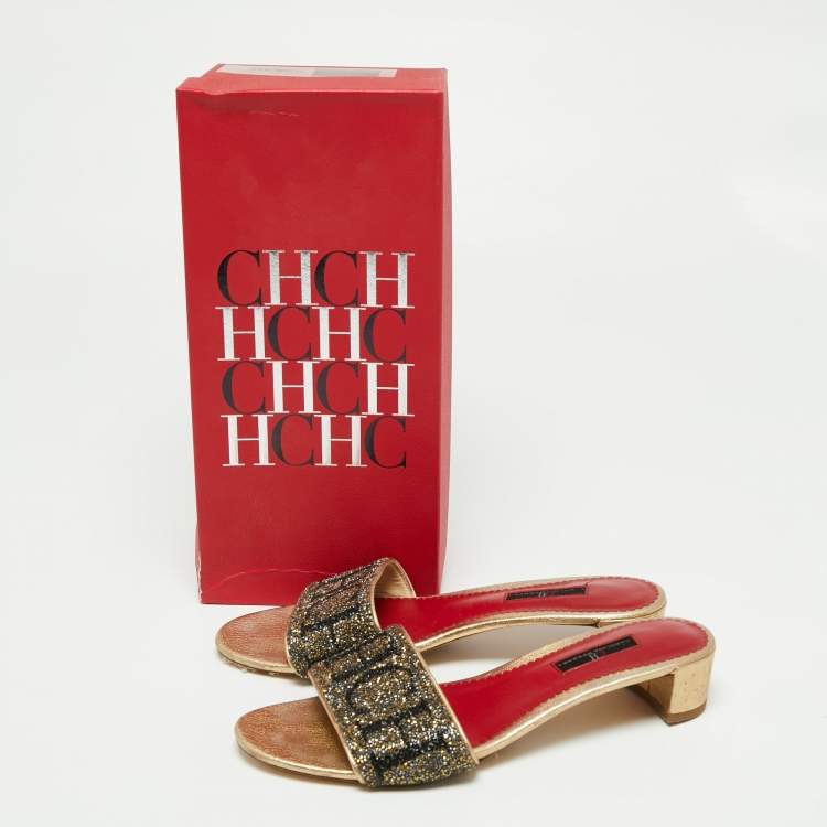 Pre Owned CH Carolina Herrera Gold/Red Leather and Crystals Embellished Slides Sandals Size 39