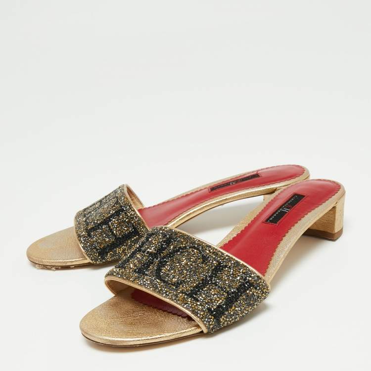Pre Owned CH Carolina Herrera Gold/Red Leather and Crystals Embellished Slides Sandals Size 39