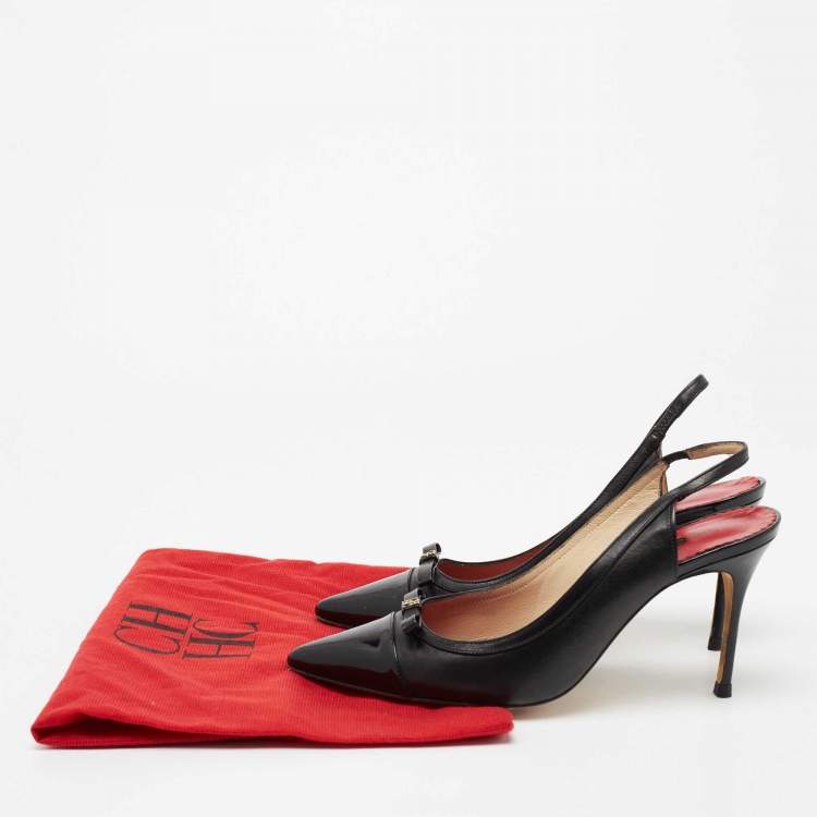 Pre Owned CH Carolina Herrera Black Leather And Patent Leather Bow Cap Toe Slingback Sandals Size 39