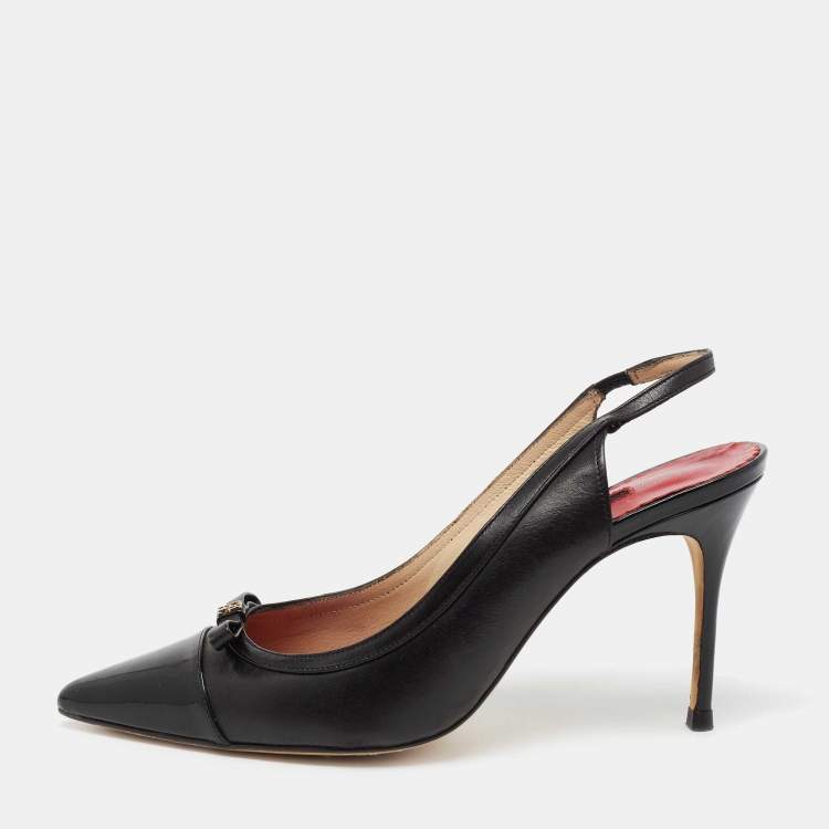 Pre Owned CH Carolina Herrera Black Leather And Patent Leather Bow Cap Toe Slingback Sandals Size 39