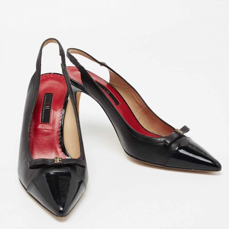 Pre Owned CH Carolina Herrera Black Leather And Patent Leather Bow Cap Toe Slingback Sandals Size 39