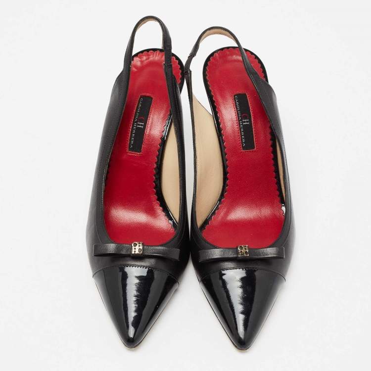 Pre Owned CH Carolina Herrera Black Leather And Patent Leather Bow Cap Toe Slingback Sandals Size 39