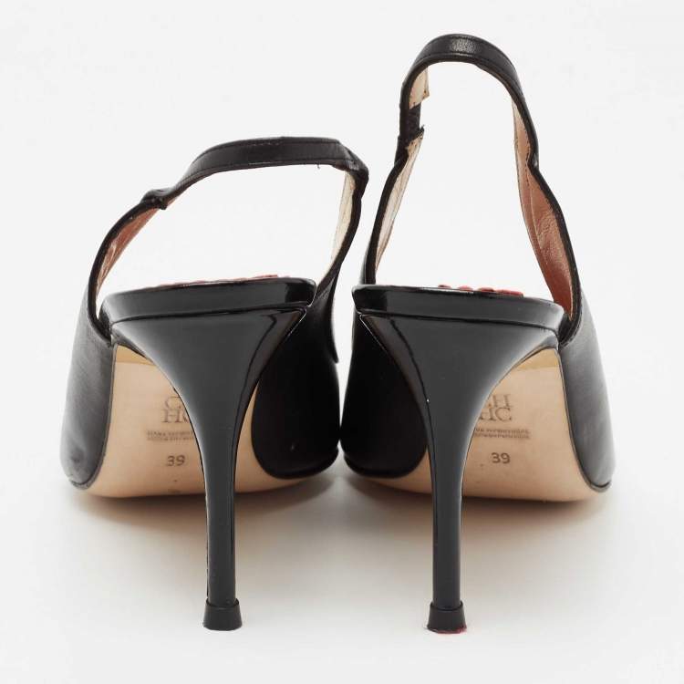 Pre Owned CH Carolina Herrera Black Leather And Patent Leather Bow Cap Toe Slingback Sandals Size 39