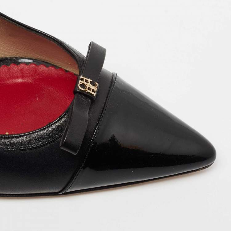 Pre Owned CH Carolina Herrera Black Leather And Patent Leather Bow Cap Toe Slingback Sandals Size 39