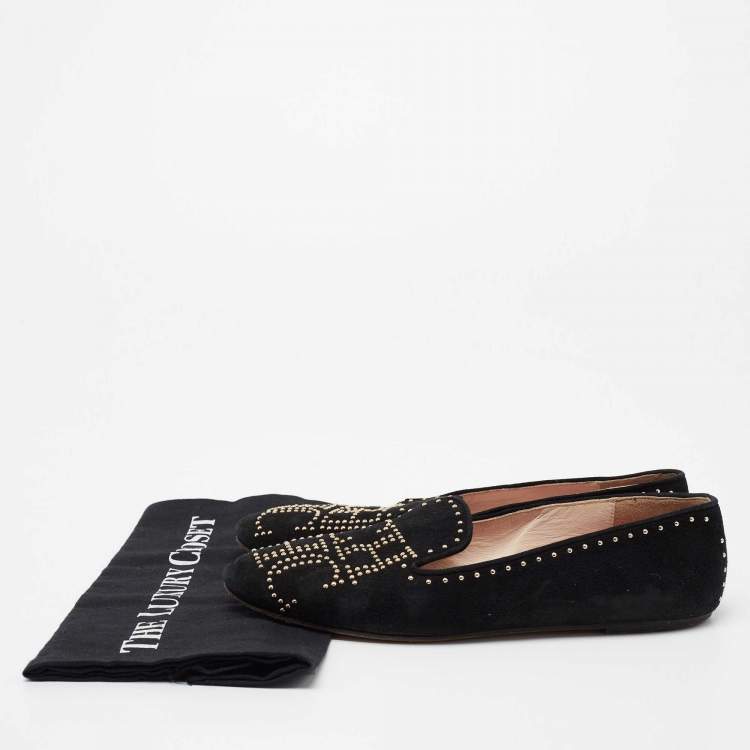 Pre Owned CH Carolina Herrera Black Suede Studded Smoking Slippers Size 39