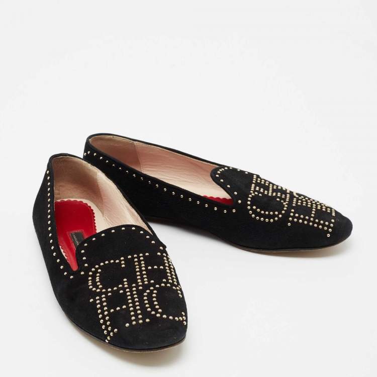 Pre Owned CH Carolina Herrera Black Suede Studded Smoking Slippers Size 39