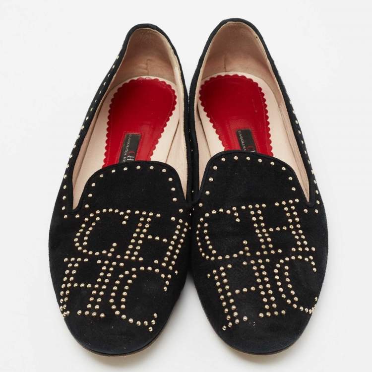 Pre Owned CH Carolina Herrera Black Suede Studded Smoking Slippers Size 39
