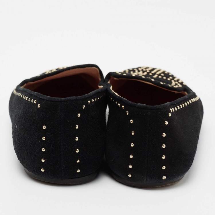 Pre Owned CH Carolina Herrera Black Suede Studded Smoking Slippers Size 39