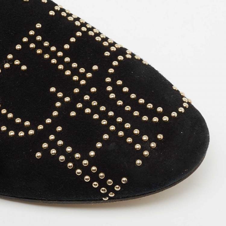 Pre Owned CH Carolina Herrera Black Suede Studded Smoking Slippers Size 39