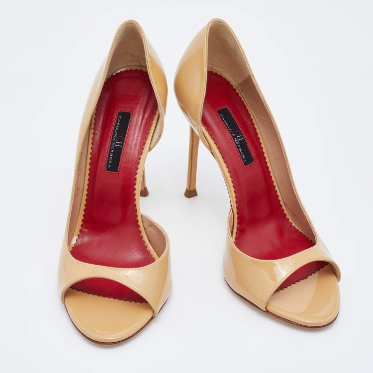 Pre Owned CH Carolina Herrera Beige Patent Leather Open Toe D'orsay Pumps Size 37