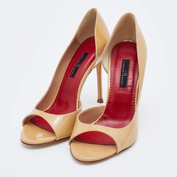 Pre Owned CH Carolina Herrera Beige Patent Leather Open Toe D'orsay Pumps Size 37
