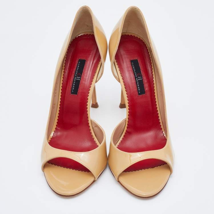 Pre Owned CH Carolina Herrera Beige Patent Leather Open Toe D'orsay Pumps Size 37