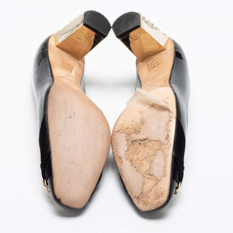 مملوكة مسبقًا CH Carolina Herrera Black Patent Leather Crystal Embellished Logo Pumps Size 38