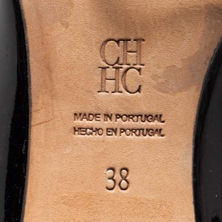 مملوكة مسبقًا CH Carolina Herrera Black Patent Leather Crystal Embellished Logo Pumps Size 38