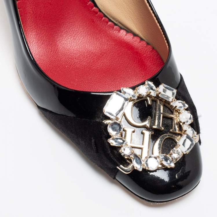 مملوكة مسبقًا CH Carolina Herrera Black Patent Leather Crystal Embellished Logo Pumps Size 38