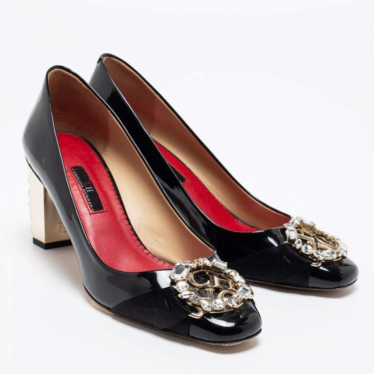 مملوكة مسبقًا CH Carolina Herrera Black Patent Leather Crystal Embellished Logo Pumps Size 38