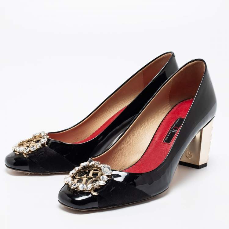 مملوكة مسبقًا CH Carolina Herrera Black Patent Leather Crystal Embellished Logo Pumps Size 38