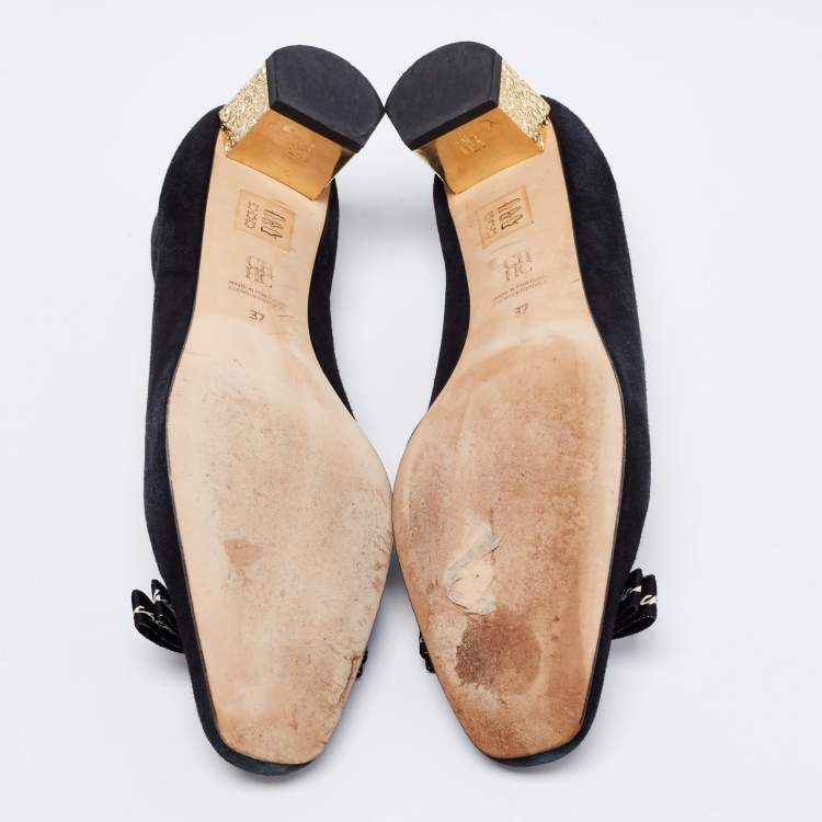Pre Owned CH Carolina Herrera Black Suede Bow Block Heel Pumps Size 37