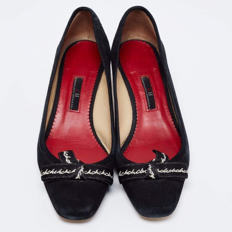 Pre Owned CH Carolina Herrera Black Suede Bow Block Heel Pumps Size 37