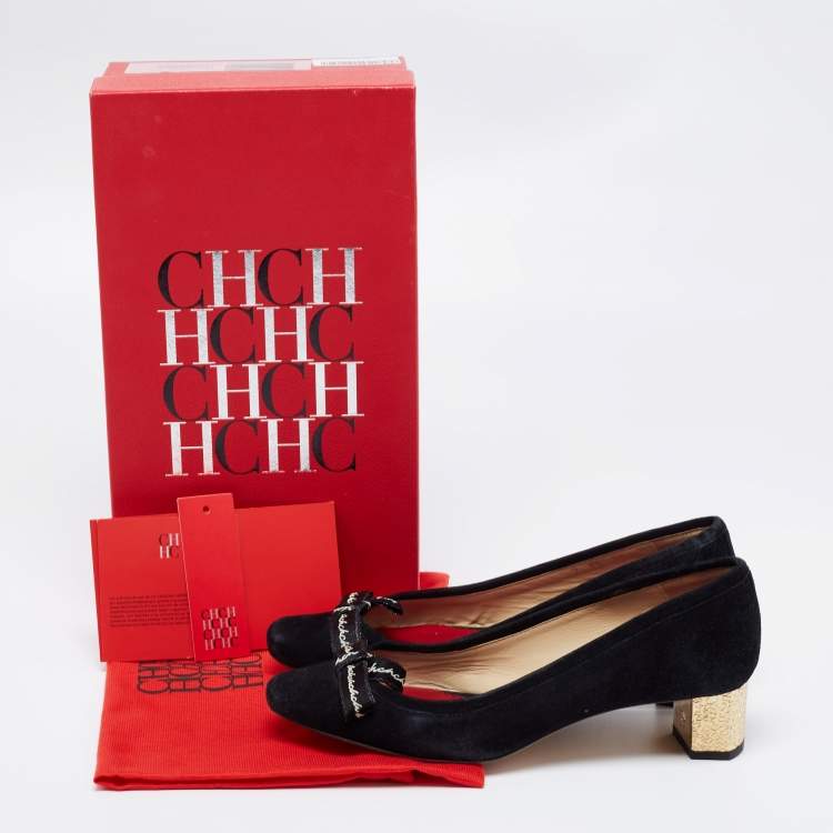 Pre Owned CH Carolina Herrera Black Suede Bow Block Heel Pumps Size 37