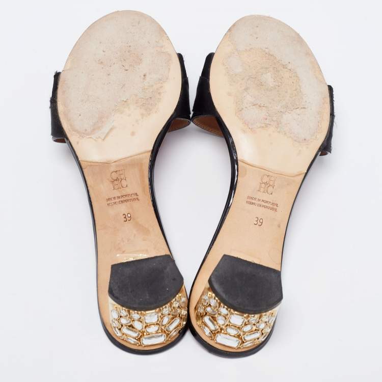 Pre Owned CH Carolina Herrera Black Patent Leather Crystal Embellished Block Heel Slide Sandals Size 39