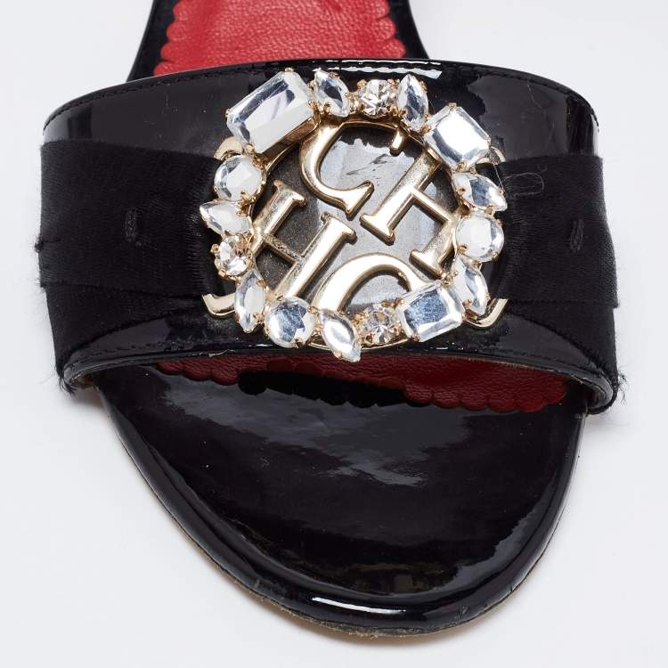 Pre Owned CH Carolina Herrera Black Patent Leather Crystal Embellished Block Heel Slide Sandals Size 39