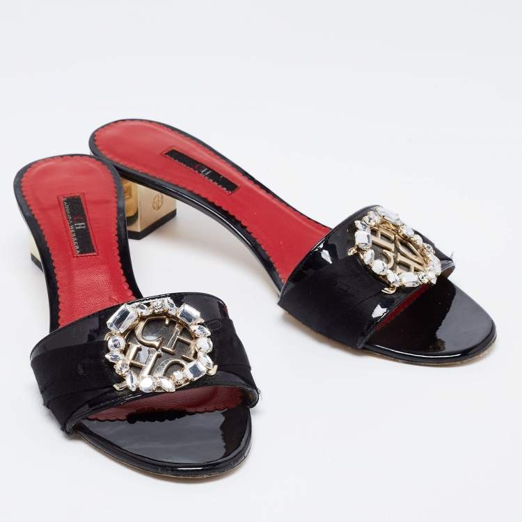Pre Owned CH Carolina Herrera Black Patent Leather Crystal Embellished Block Heel Slide Sandals Size 39