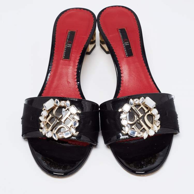 Pre Owned CH Carolina Herrera Black Patent Leather Crystal Embellished Block Heel Slide Sandals Size 39