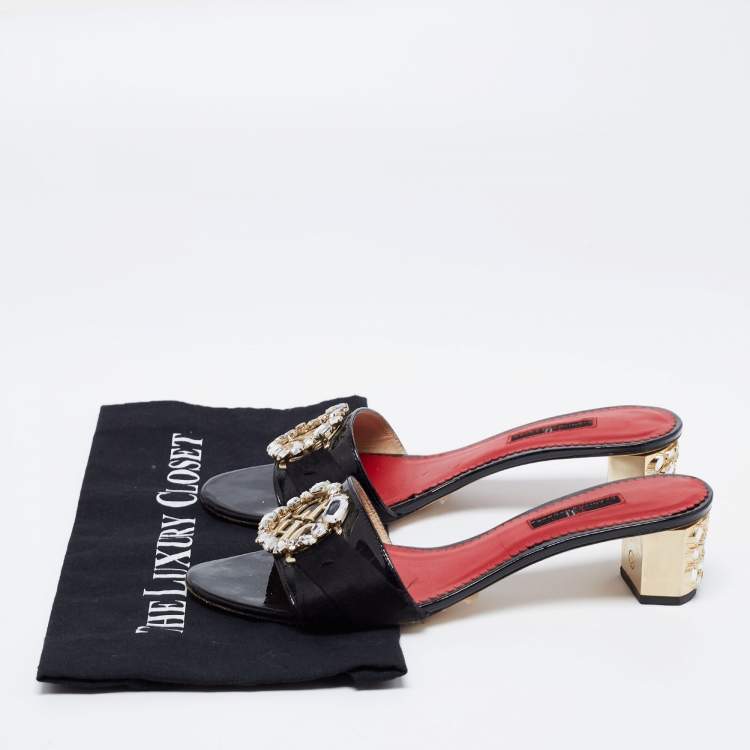 Pre Owned CH Carolina Herrera Black Patent Leather Crystal Embellished Block Heel Slide Sandals Size 39