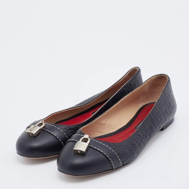 Pre Owned CH Carolina Herrera Black Embossed Leather Lock Detail Ballet Flats Size 40